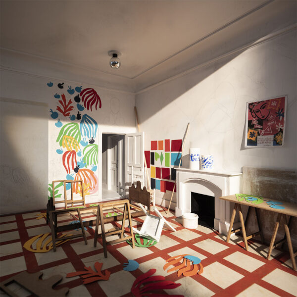 Emilio Pemjean Habitación taller de Matisse en el apartamento del Hotel Regina. Colina de Cimiez, Niza. 1948. Transformado, 2025 © Emilio Pemjean
